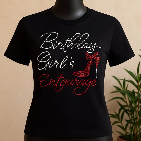 Birthday Girl’s Entourage Rhinestone T-Shirt – Black Party Tee with Red Heel - Picture 1 of 1
